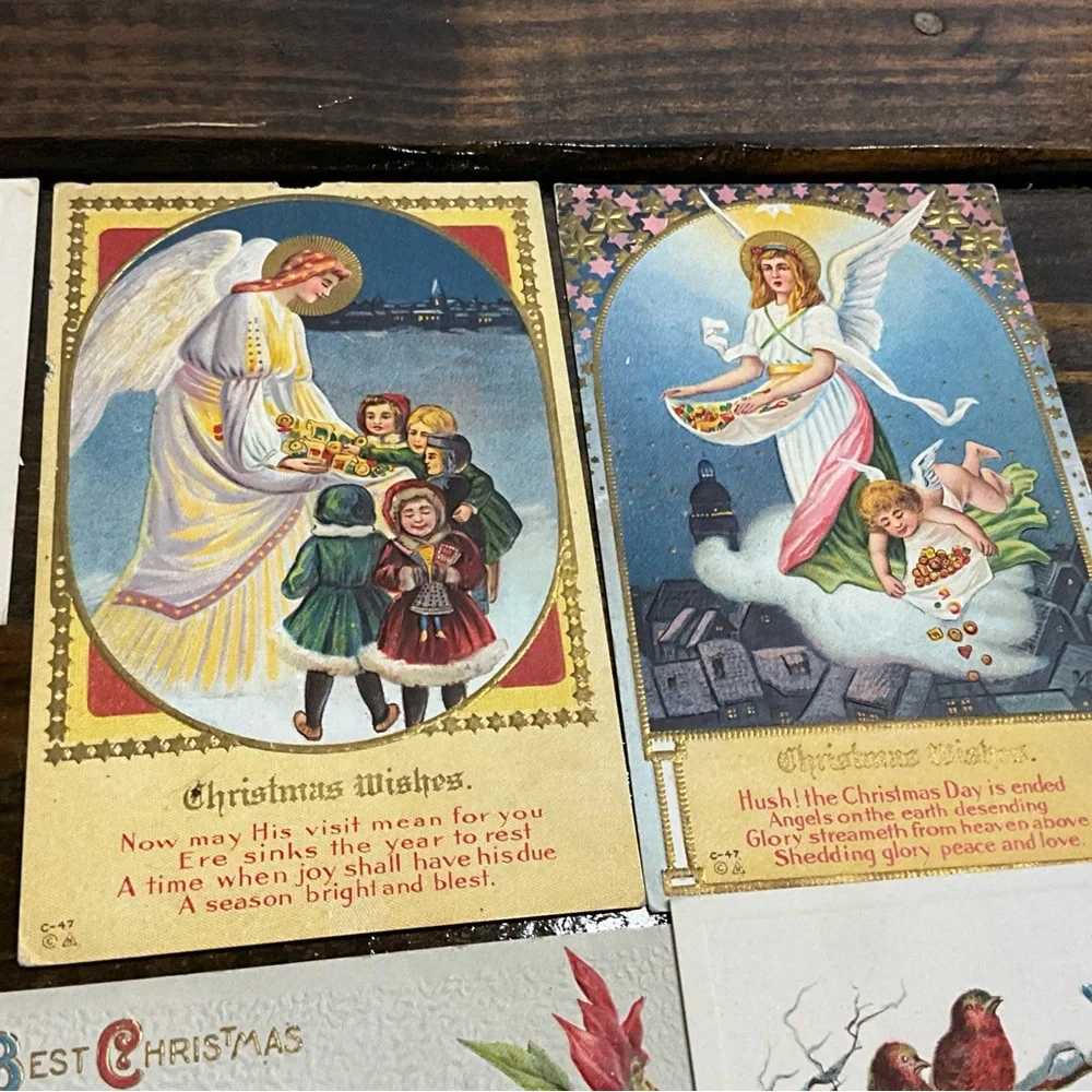Antique Lot of 9 Christmas Best Wishes Postcards Flowers Angels